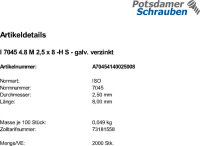 2000 Krz. Linsenkopfschrauben ISO 7045 4.8 -H verzinkt M2,5x8