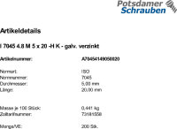 200 Krz. Linsenkopfschrauben ISO 7045 4.8 -H verzinkt M5x20