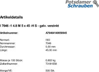 500 Krz. Senkkopfschrauben ISO 7046 -1 4.8 -H verzinkt M5x45