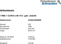 100 Krz. Senkkopfschrauben ISO 7046 -1 4.8 -H verzinkt M8x90
