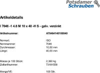 100 Krz. Senkkopfschrauben ISO 7046 -1 4.8 -H verzinkt M10x40