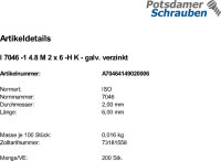 200 Krz. Senkkopfschrauben ISO 7046 -1 4.8 -H verzinkt M2x6