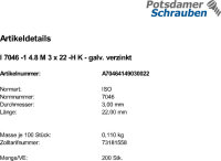200 Krz. Senkkopfschrauben ISO 7046 -1 4.8 -H verzinkt M3x22