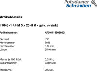 200 Krz. Senkkopfschrauben ISO 7046 -1 4.8 -H verzinkt M5x25