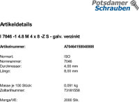 2000 Krz. Senkkopfschrauben ISO 7046 -1 4.8 -Z verzinkt M4x8