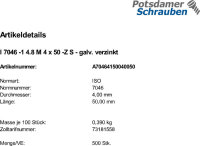 500 Krz. Senkkopfschrauben ISO 7046 -1 4.8 -Z verzinkt M4x50