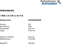 1000 Edelstahl V2A Krz. Senkkopfschrauben ISO 7046 -2 A2 -H M4x30