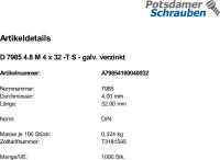1000 Torx Linsenkopfschrauben DIN 7985 4.8 verzinkt TX M4x32