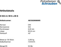 50  Edelstahl V2A Sechskantschrauben DIN 933 A2 M8x85