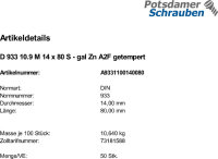 50 Sechskantschrauben DIN 933 10.9 verzinkt M14x80