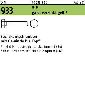 100 Sechskantschrauben DIN 933 8.8 gelb verzinkt M10x65