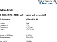 100 Sechskantschrauben DIN 933 8.8 gelb verzinkt M10x100