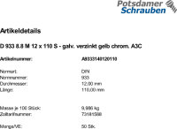 50 Sechskantschrauben DIN 933 8.8 gelb verzinkt M12x110
