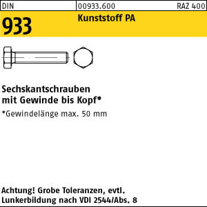 200 Kunststoff Sechskantschrauben DIN 933 Polyamid M10x25