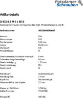 200 Sechskantschrauben DIN 933 8.8 schwarz M8x85