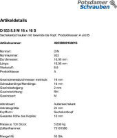 50 Sechskantschrauben DIN 933 8.8 schwarz M16x16