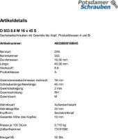 50 Sechskantschrauben DIN 933 8.8 schwarz M16x45