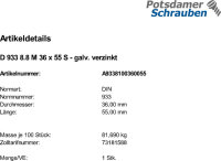 1 Sechskantschrauben DIN 933 8.8 verzinkt M36x55