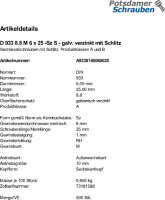 500 Schlitz Sechskantschrauben DIN 933 8.8 verzinkt M6x25