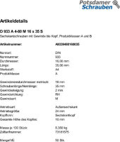 50 Edelstahl V4A Sechskantschrauben DIN 933 A4 - 80 M16x35