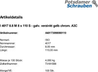 100 Sechskantschrauben ISO 4017 8.8 gelb verzinkt M8x110