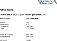 10 Sechskantschrauben ISO 4017 8.8 gelb verzinkt M24x100