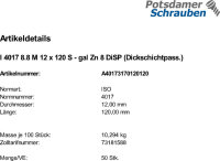 50 Sechskantschrauben ISO 4017 8.8 DiSP M12x120