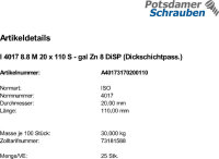 25 Sechskantschrauben ISO 4017 8.8 DiSP M20x110