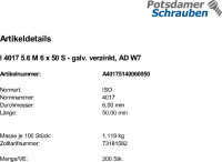200 Sechskantschrauben ISO 4017 5.6 verzinkt M6x50