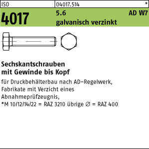 1 Sechskantschrauben ISO 4017 5.6 verzinkt M27x90