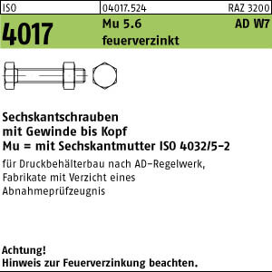 50 Sechskantschrauben ISO 4017 5.6 Mu Kl. 5 M16x50 feuerverzinkt tZn