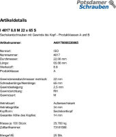 25 Sechskantschrauben ISO 4017 8.8 schwarz M22x65