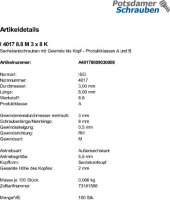 100 Sechskantschrauben ISO 4017 8.8 schwarz M3x8