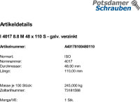 1 Sechskantschrauben ISO 4017 8.8 verzinkt M48x110