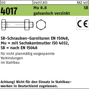 100 Sechskantschrauben Garnituren SB ISO 4017 8.8 CE Mu M12x50 verzinkt