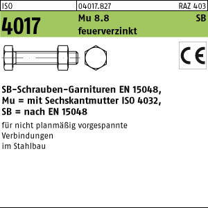 1 Sechskantschrauben Garnituren SB ISO 4017 8.8U CE Mu M30x120 tZn