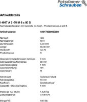 100 Edelstahl V2A Sechskantschrauben ISO 4017 A2 - 70 M6x80