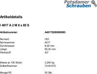 50 Edelstahl V2A Sechskantschrauben ISO 4017 A2 M8x85