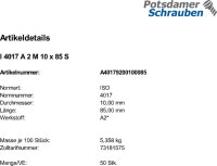 50 Edelstahl V2A Sechskantschrauben ISO 4017 A2 M10x85