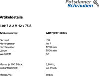 50 Edelstahl V2A Sechskantschrauben ISO 4017 A2 M12x75