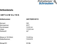 25 Edelstahl V2A Sechskantschrauben ISO 4017 A2 M14x110