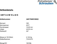 100 Edelstahl V4A Sechskantschrauben ISO 4017 A4 M10x22