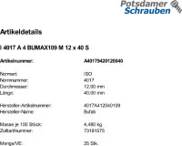 25 Sechskantschrauben ISO 4017 A4 BUMAX109 M12x40 A4-109...