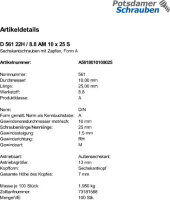 100 Sechskantschrauben DIN 561 22H / 8.8 Stahl AM10x25