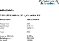 100 Sechskantschrauben DIN 561 22H / 8.8 verzinkt AM6x25