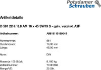 25 Sechskantschrauben DIN 561 22H / 8.8 verzinkt AM16x45
