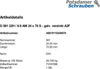 1 Sechskantschrauben DIN 561 22H / 8.8 verzinkt AM24x70
