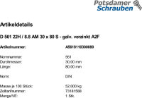 1 Sechskantschrauben DIN 561 22H / 8.8 verzinkt AM30x80
