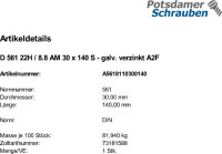 1 Sechskantschrauben DIN 561 22H / 8.8 verzinkt AM30x140