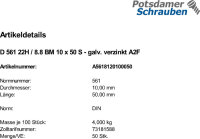 50 Sechskantschrauben DIN 561 22H / 8.8 verzinkt BM10x50
